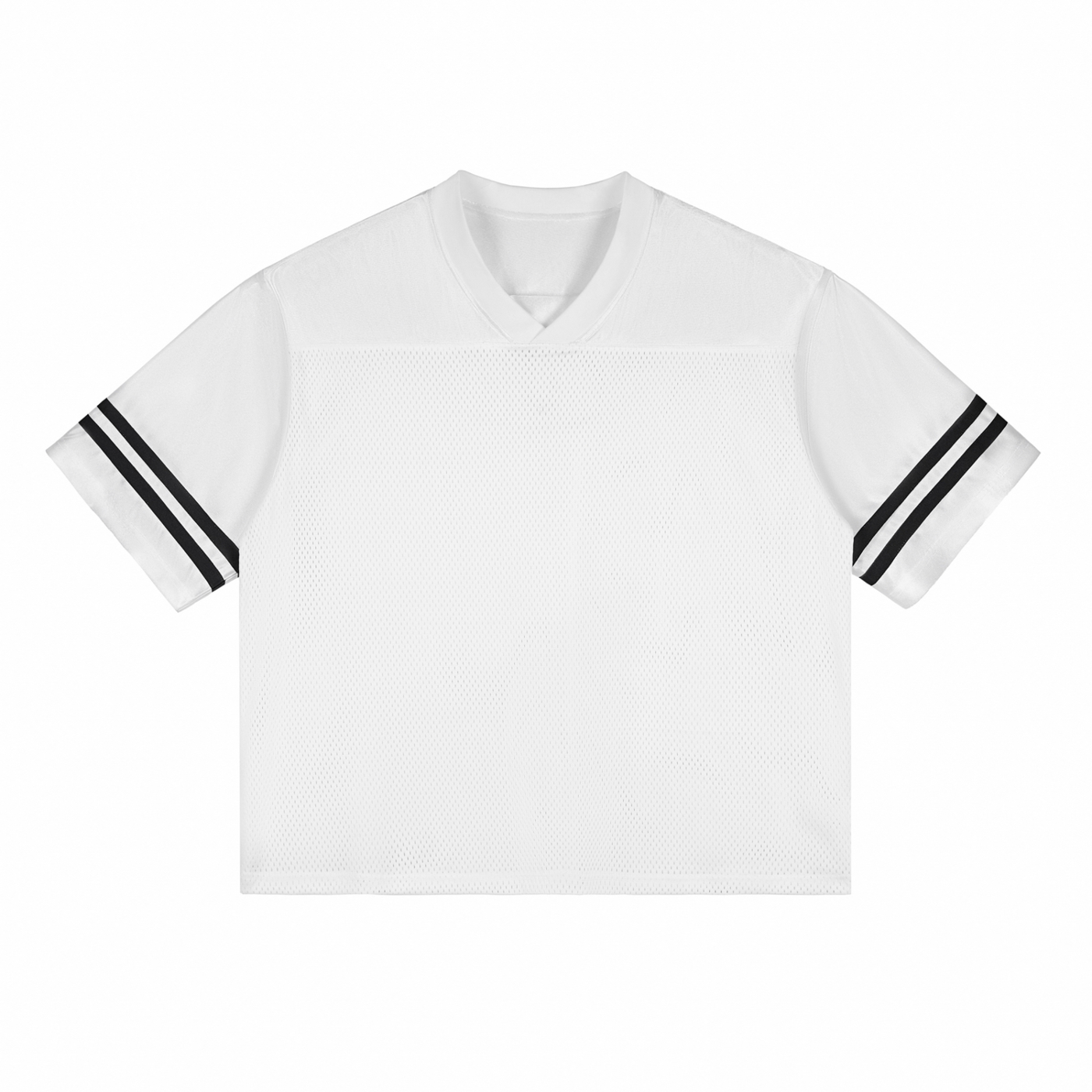 White t-shirt with black stripes on sleeves on a white background